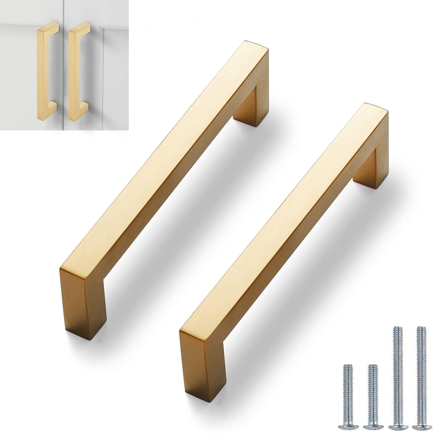 Brushed Brass Cabinet Handles, 5 Pack Stainless Steel Square Cabinet Pulls, Gold Drawer Pulls, 3 Inch (76mm) Hole Center Cabinet Hardware for Drawer Dresser Cabinets Cupboard