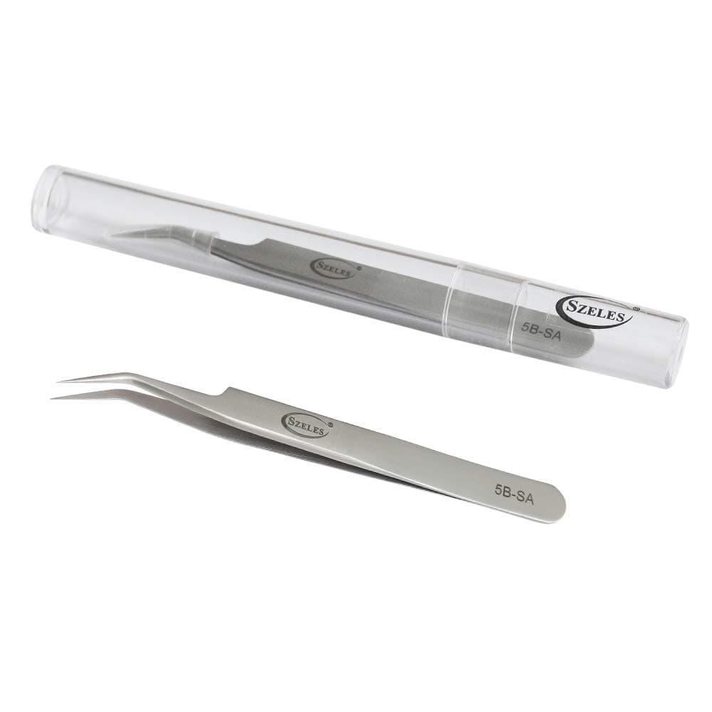 Szeles Vetus Volume Tweezers Stainless Steel Precision Tweezers Acrylic tube Package with Non-dust cloth Ultra Rigidity Curved Point Tweezers Pro Beauty Eyelash Extension Tool （5B-SA）