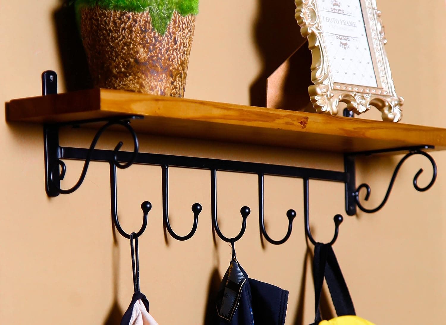 Eldin Coat Rack - Wall Mounted for Entryway, Solid 24 inches Wooden Shelf with Sturdy Metal Hooks | Hang Coats, Keys, Hats and More!, 24Lx4Wx6H, Brown