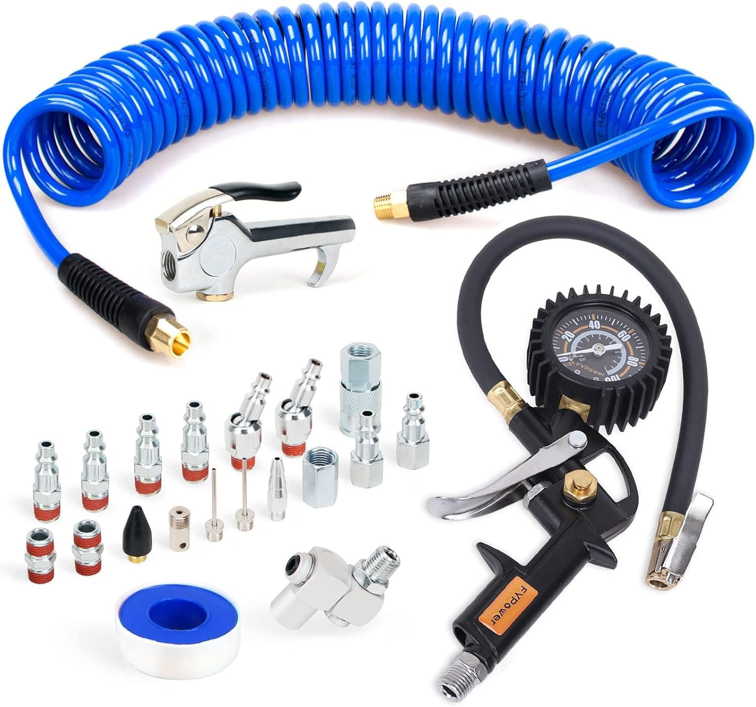 FYPower 22 Pieces Air Compressor Accessories kit, 1/4 inch x 25 ft Recoil Poly Air Compressor Hose Kit, 1/4" NPT Quick Connect Air Fittings, Tire Inflator Gauge, Blow Gun, Swivel Plugs