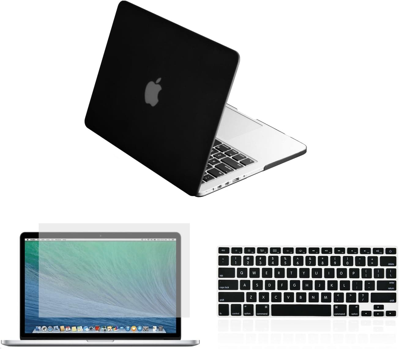 TOP CASE MacBook Pro 13" with Retina Display (Release 2012-2015) 3 in 1 Bundle for Model: A1425/A1502 - Rubberized Black Hard Case + Keyboard Cover + LCD HD Clear Screen Protector