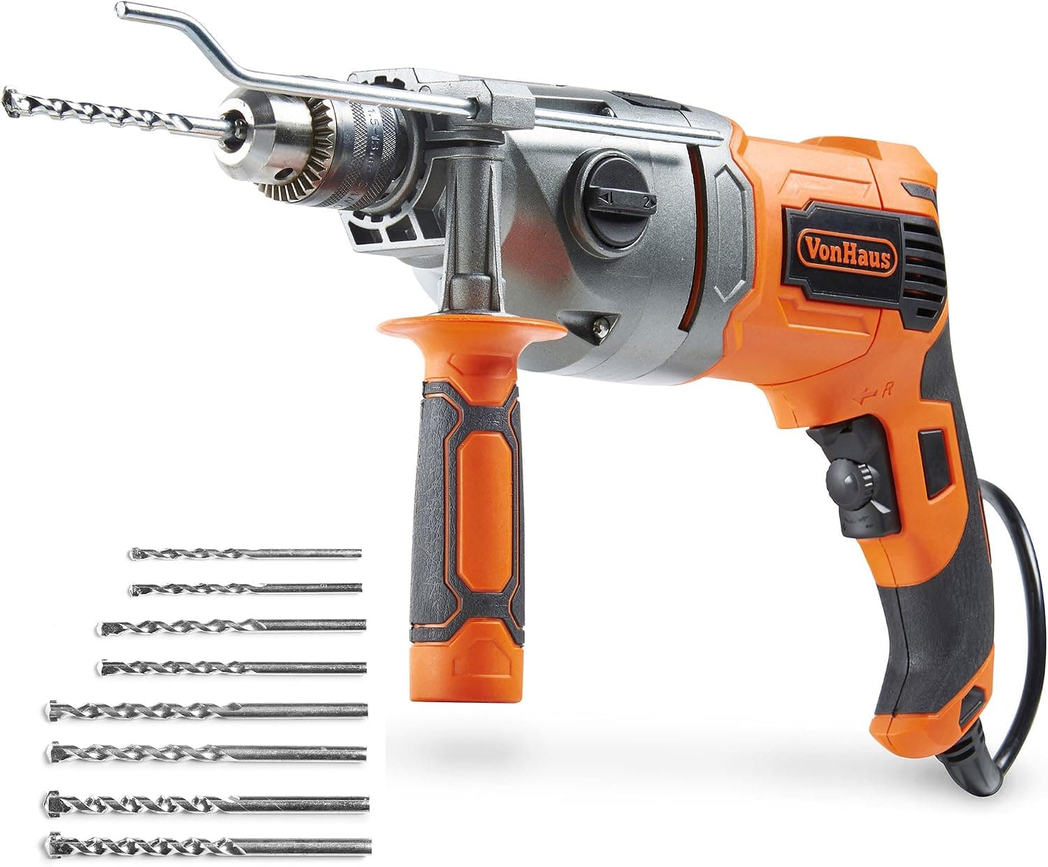 VonHaus 10 Amp VSR 1/2 Inch Pistol Grip Hammer Drill Kit, 8 Drill Bit Set, Metal Depth Gauge, Lock-On Switch, Power Trigger and Speed Adjustment