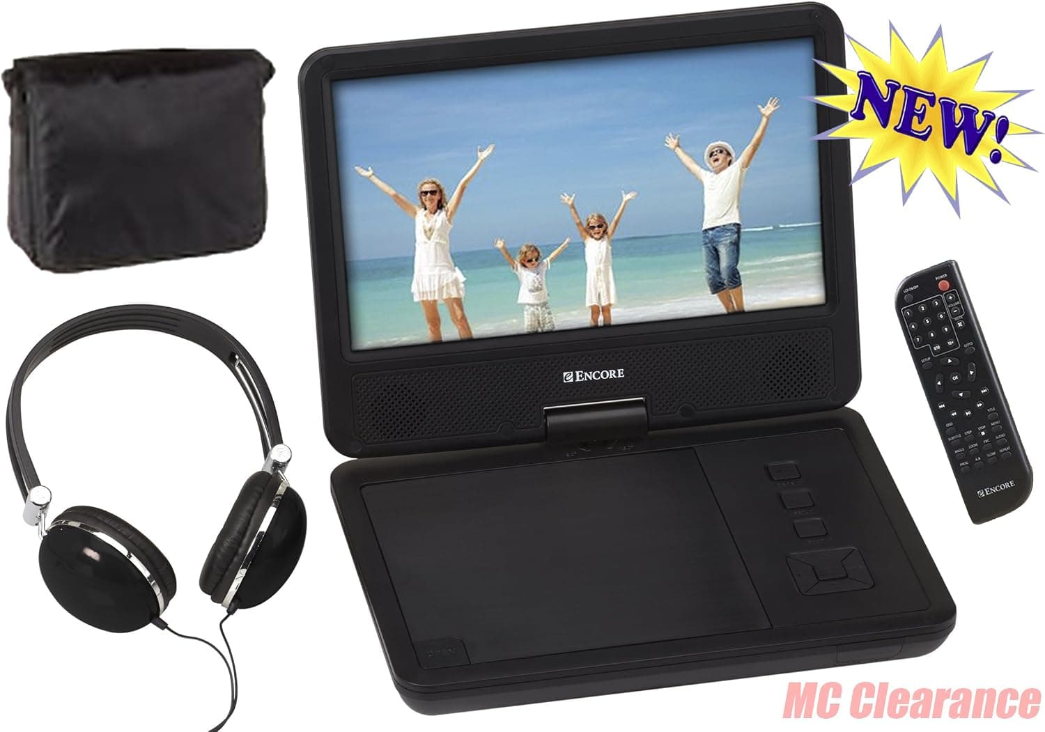9" inch Portable DVD/CD Player with Swivel Screen and Fold, Rechargeable Battery, Remote Control, Travel Bag with Matching Color Headphones and AC/DC Adapter Encore DVD901MO - Black