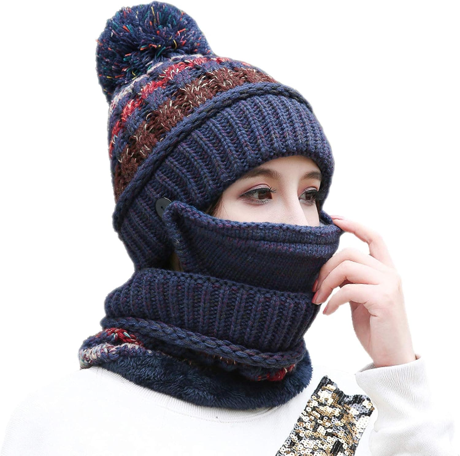 Womens Knit Beanie Scarf Face Warmer Set Girls Fleece Lined Winter Ski Pom Pom Hat