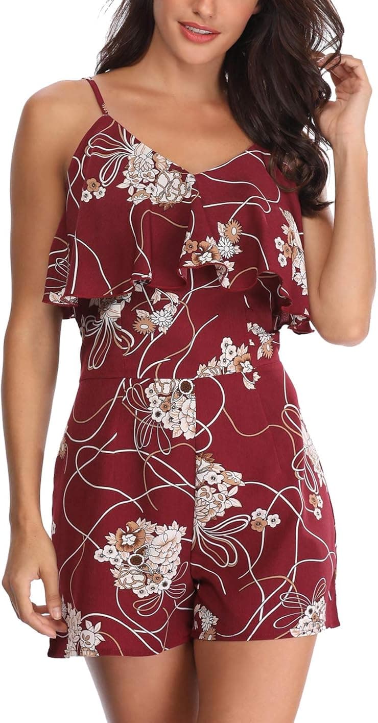 WUDODO Summer Rompers for Women Ruched Front Off Shoulder Floral Print Adjustable Straps Casual Short Jumpsuit