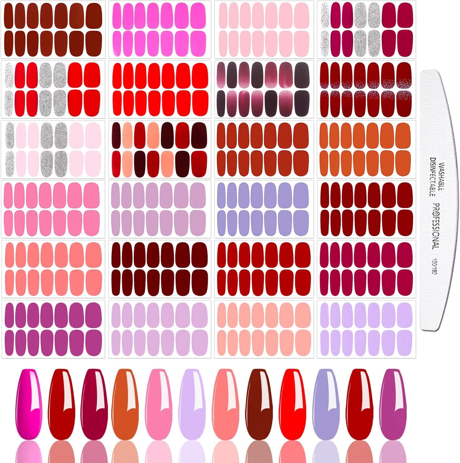 JERCLITY 24 Sheets Red Solid Color Nail Polish Strips Stickers Warm Color Full Nail Wraps Self Adhesive Nail Art Decal Nail Strips with Nail File for Women Girls DIY Nail Art
