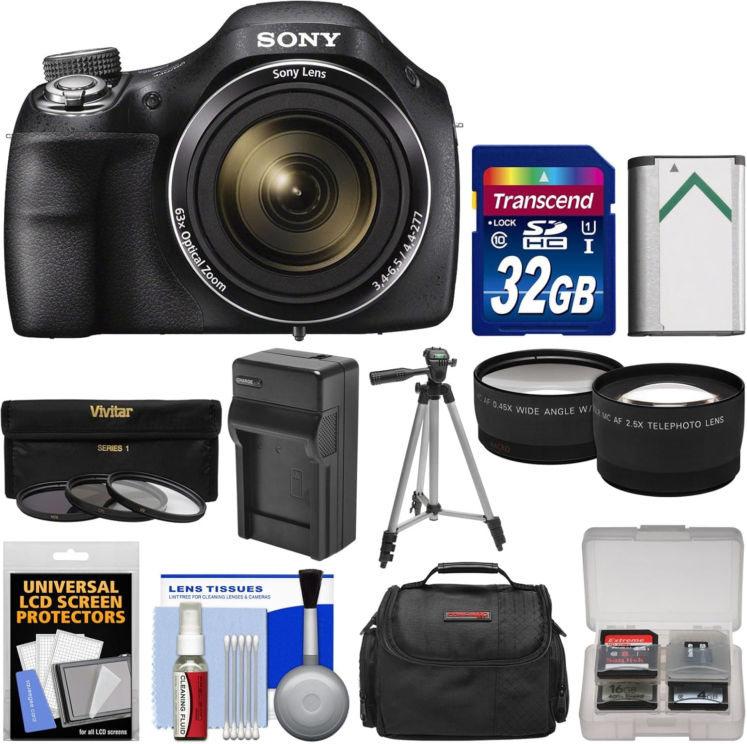 Sony Cyber-Shot DSC-H400 Digital Camera with 32GB Card + Case + Battery/Charger + Tripod + 3 UV/ND8/CPL Filters Kit