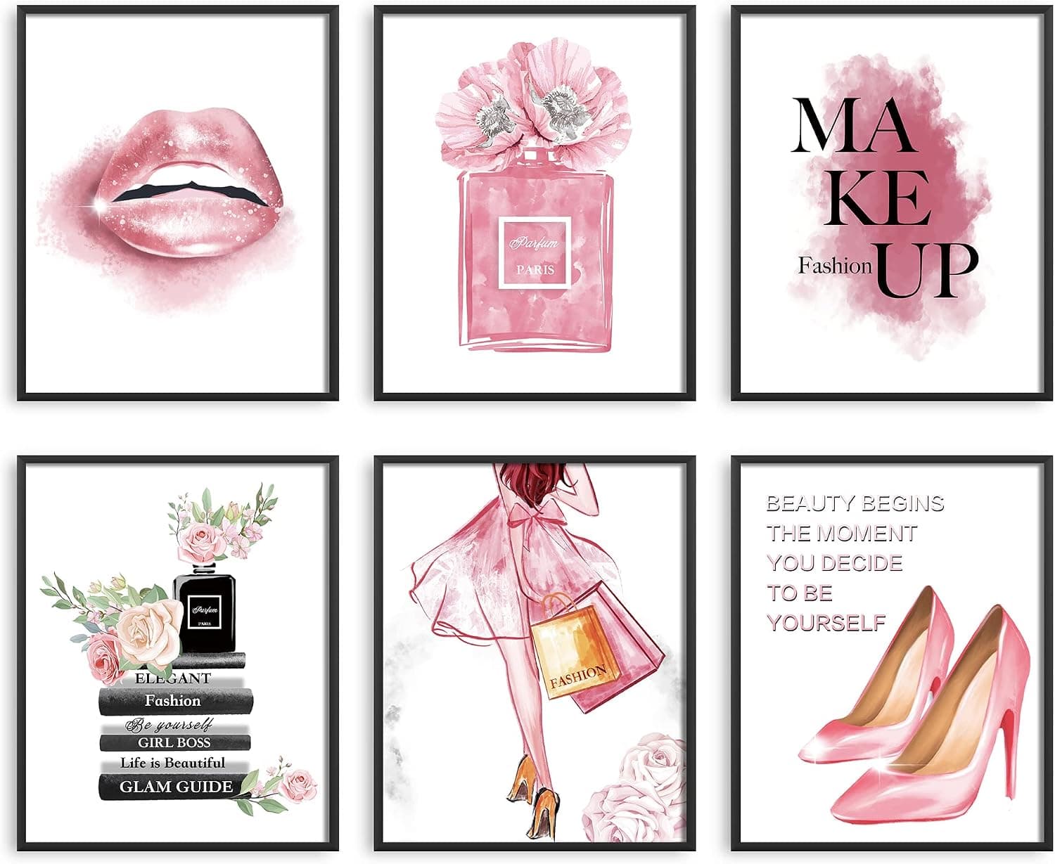 Coaxbnue Glam Pink Fashion Wall Art Girls Room Decor Wall Pink Golden Fashion Shopping lady Perfume Flower Book High Heels Posters Prints Women Decor Bedroom (11x14 inch Unframed, Pink)