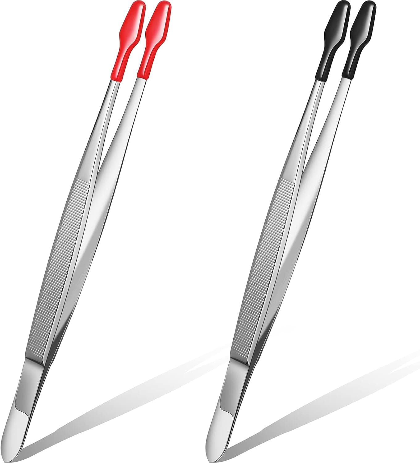 Lasnten 2 Pieces Rubber Tipped Tweezers Forceps Silicone Coated Soft Tweezers Rubber Tip Steel Forceps Non Marring Flat Tip Lab Industrial Hobby Craft Tweezers Tools, Black and Red Tip, 5.91 Inch