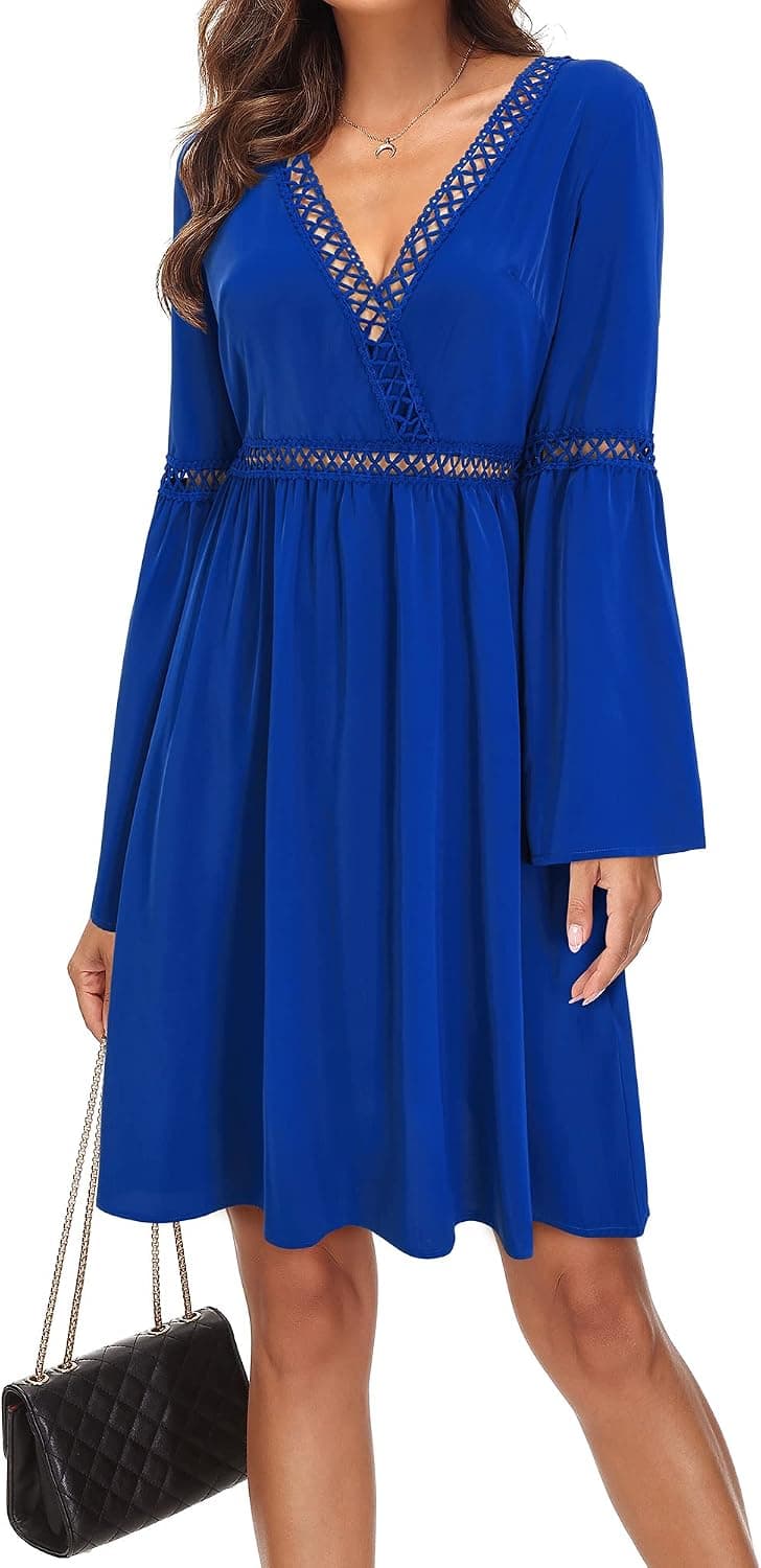LAISHEN Long Sleeve Wedding Guest Dresses for Women 2023 Spring Casual Lace Knee Length Dress with Pockets