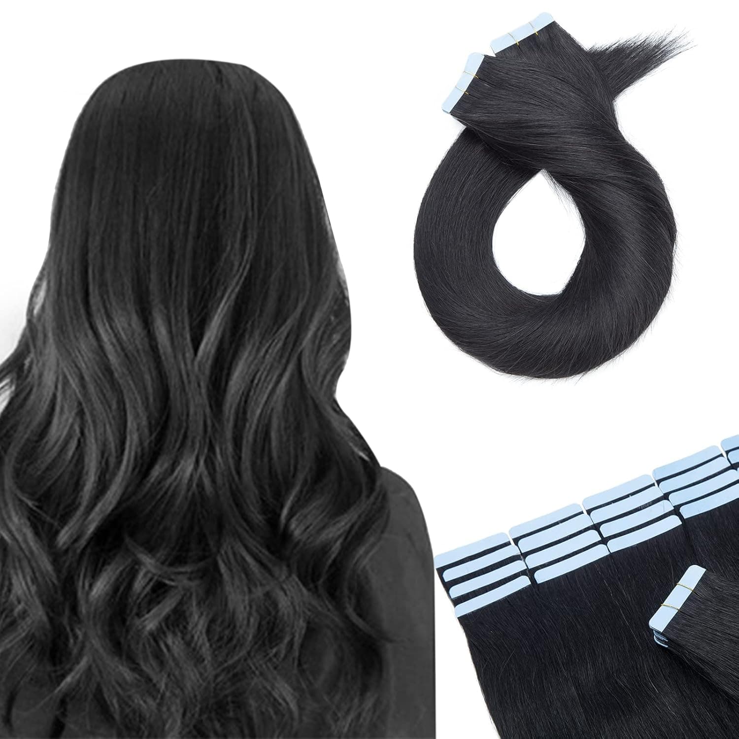 Benehair Remy Tape in Hair Extensions Human Hair Jet Black Seamless Skin Weft Tape in Real Human Hair Extensions Straight Hair 18 Inch 100g #1 40pcs