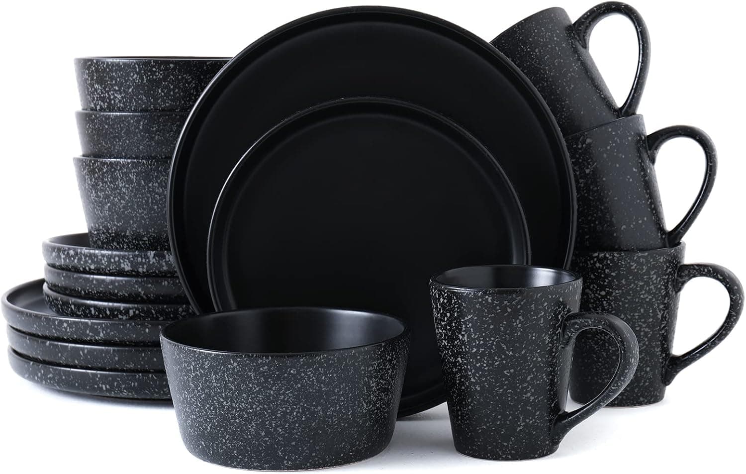 Bestone Stoneware Dinnerware Sets,Plates and Bowls,Round Matte Glaze,Easy to Clean,Service for 4,16 Piece(Black)