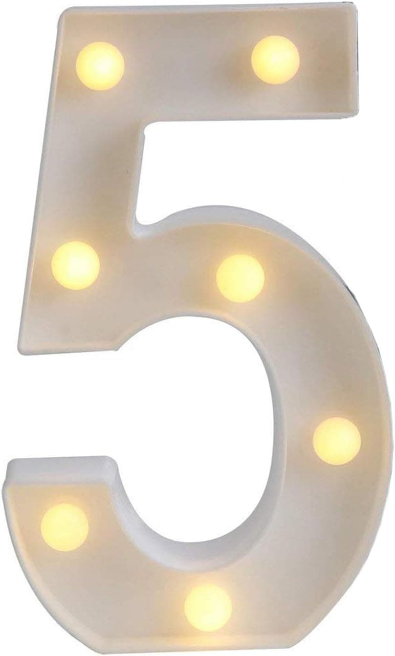 Ogrmar Decorative Led Light Up Number Letters, White Plastic Marquee Number Lights Sign Party Wedding Decor Battery Operated (5)