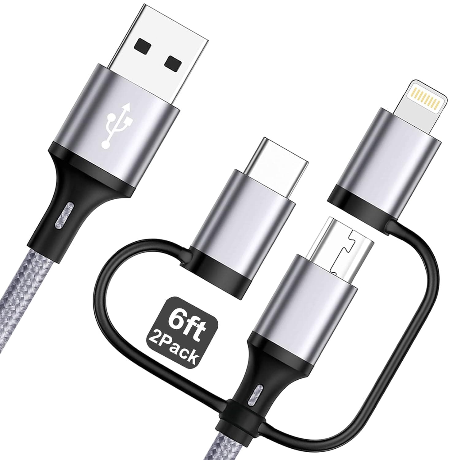 Multi Fast Charging Cable MFi Certified 3 in 1 Nylon Braided Multi Charger with Lightning/USB C/Micro USB Charge Sync Charger Cable for iPhone,iPad,Samsung Galaxy,Huawei,LG,Sony,HTC,OnePlus(2Pack/6ft)