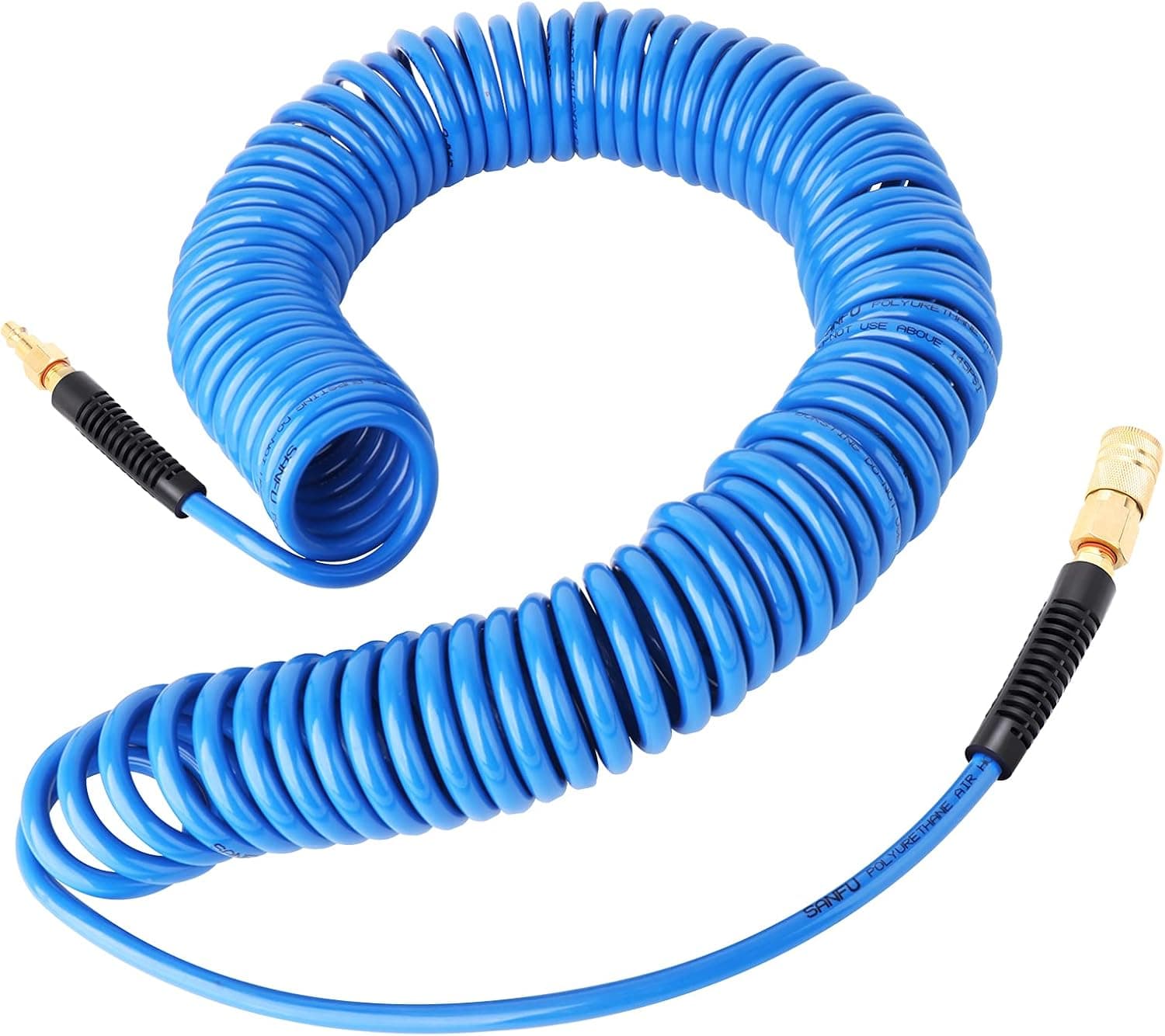 GASHER 1/4" x 50FT Polyurethane Recoil Air Hose with Bend Restrictor, 1/4" Industrial Quick Coupler and Plug