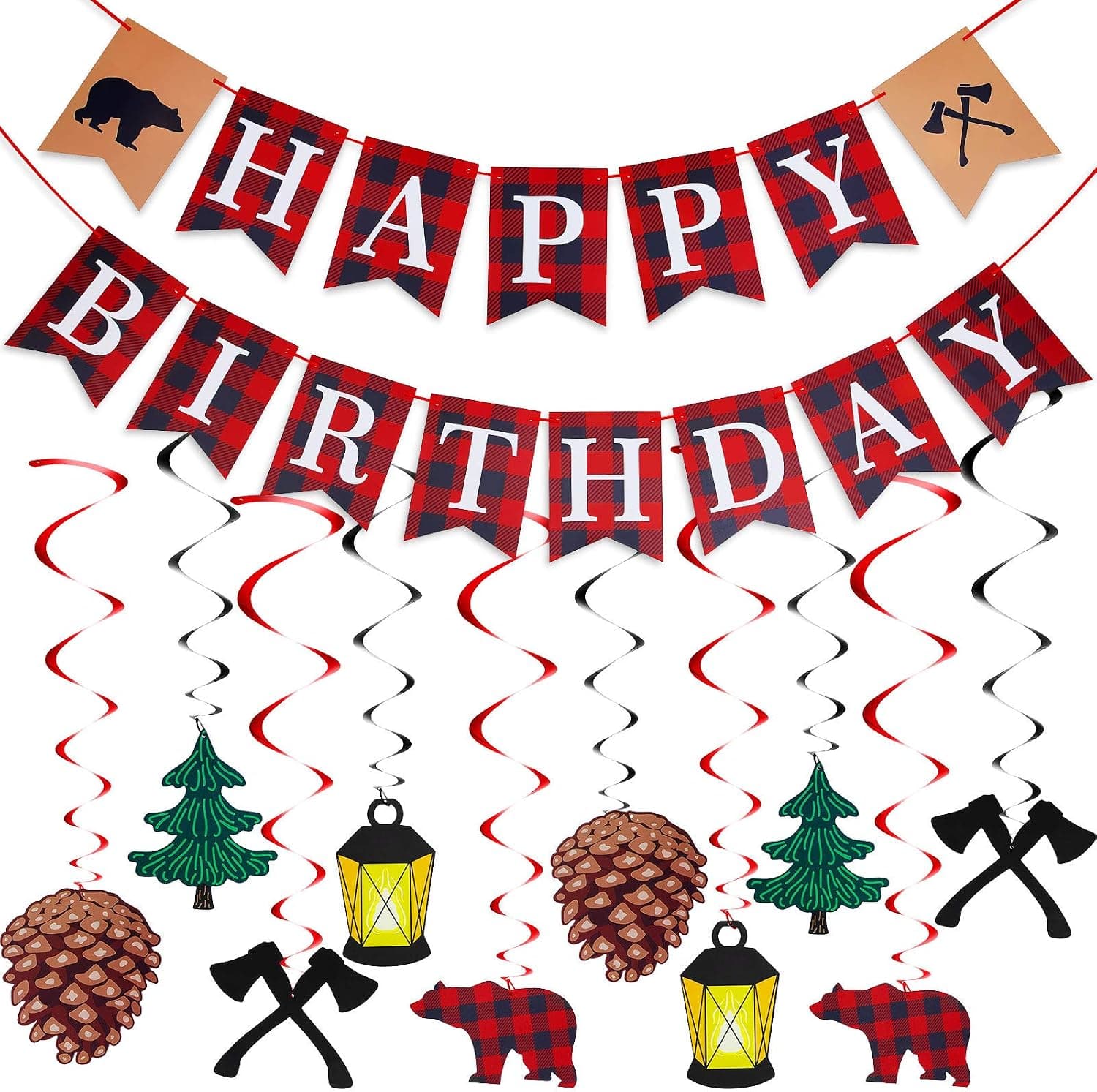 32 Pieces Lumberjack Hanging Swirl Decorations Buffalo Plaid Happy Birthday Banner Lumberjack First Birthday Decorations for Camping Theme Birthday Party Supplies