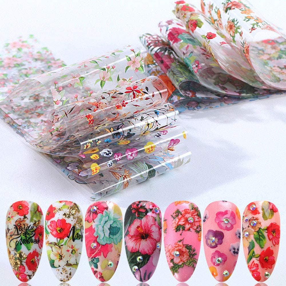 Flower Nail Foils Nail Art Stickers Decals Nail Accessories Decorations Colorful Flowers Stickers On Nails Foil Transfer Starry Sky Summer Sliders for Manicure Nail Art Decals Decoration 10 Sheets