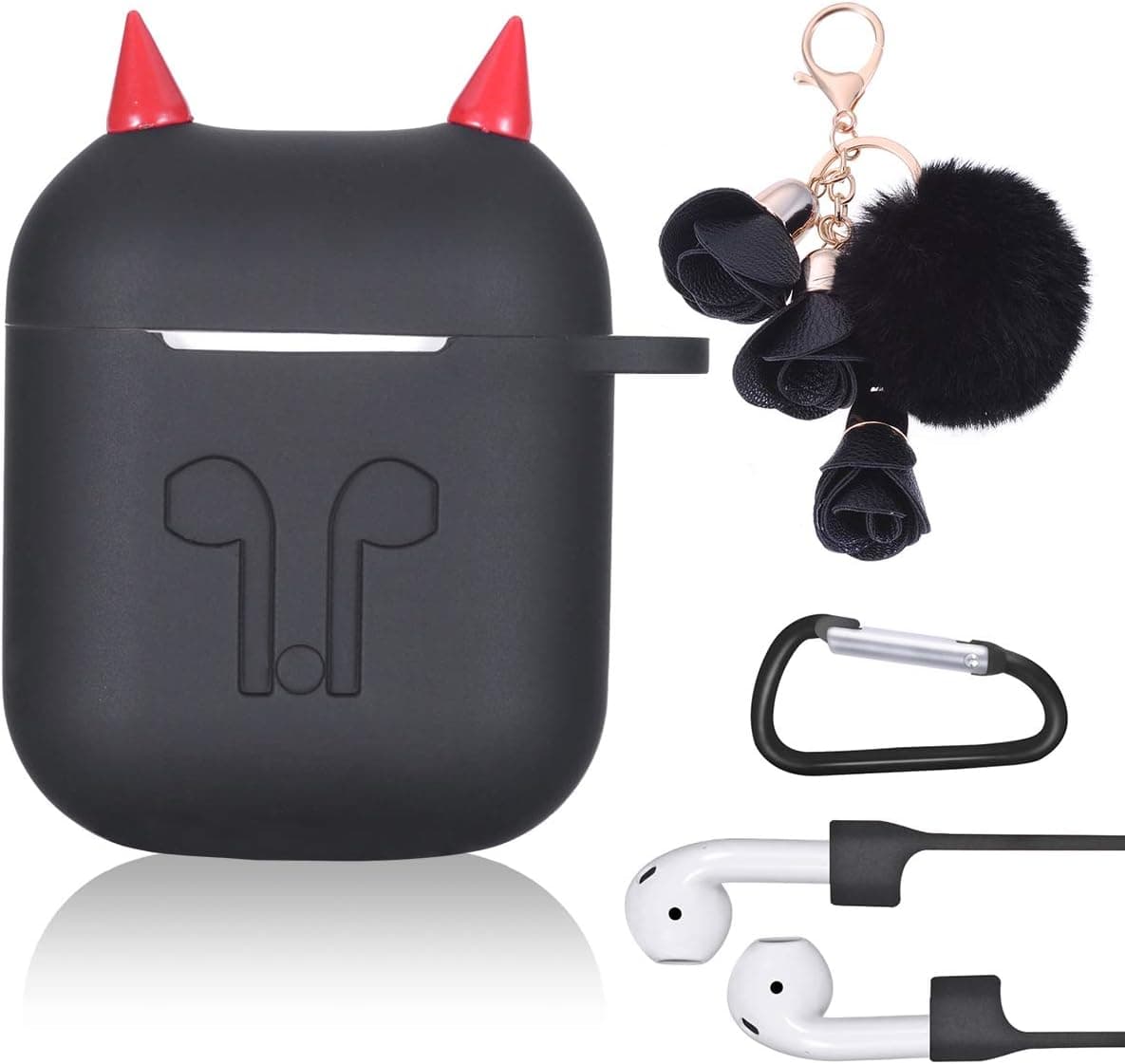 Unique Silicon Case Cover for Airpods, with Key Chain & Clip & Cute Fur Ball & Free Strap, Waterproof Apple Airpods Case Accessories Compatible with Apple AirPods 2 & 1 [Front LED Not Visible (Black)