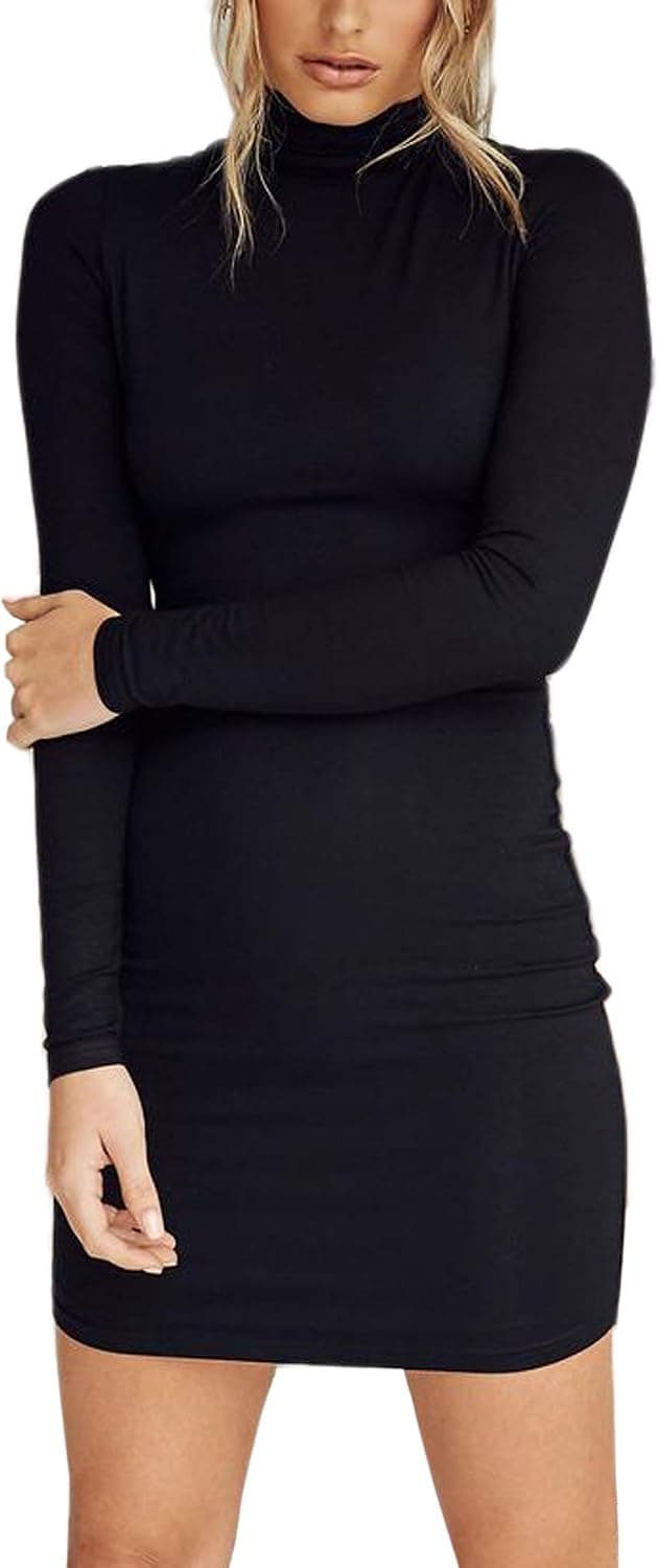 Just Quella Women's Long Sleeve Turtleneck Bodycon Mini Dress Thicken Soft Warm T-Shirt Dress