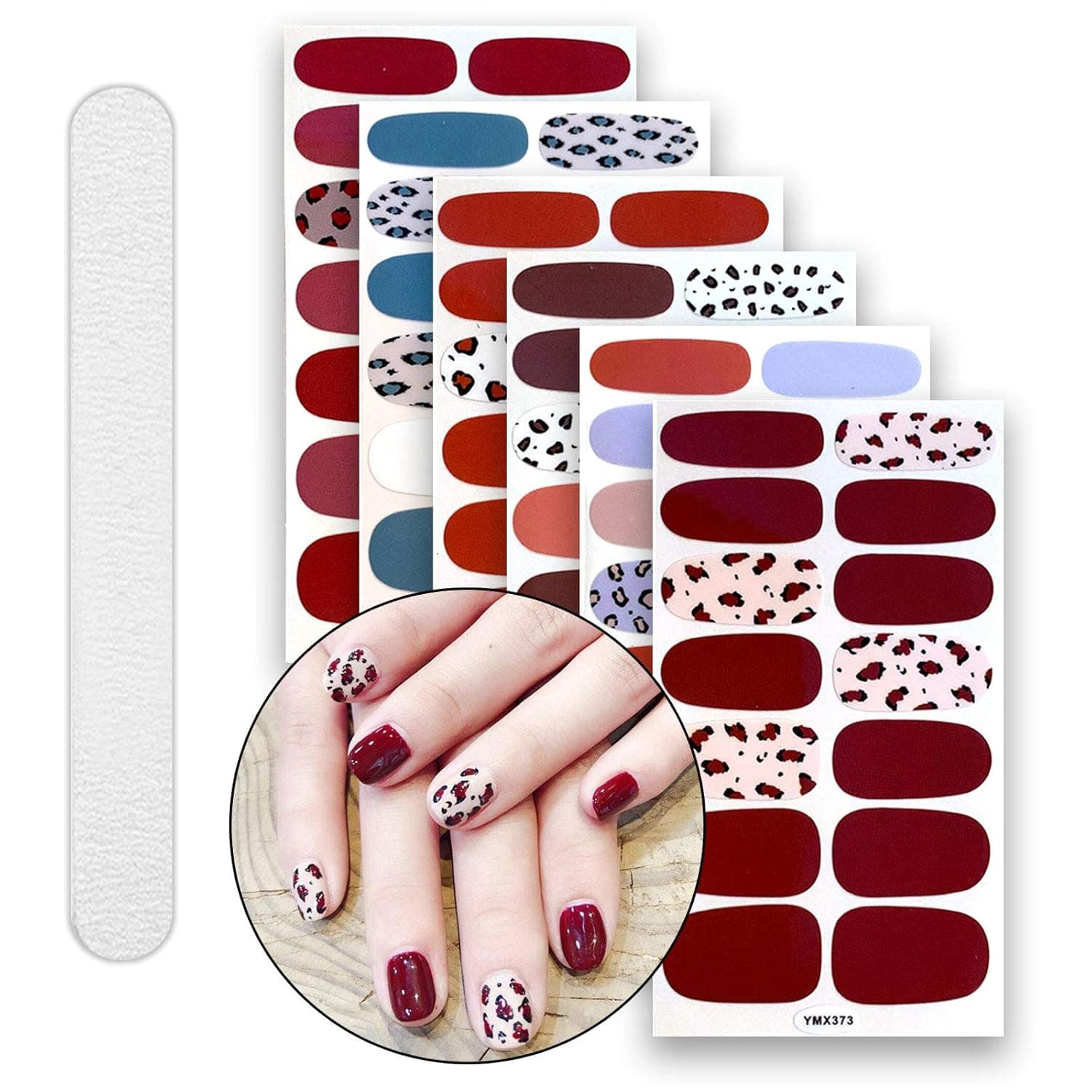 6 Sheets Full Nail Wraps Art Polish Stickers Decal Strips Adhesive False Nail Design Manicure Set with 1Pc Nail Buffers Files for Women Girls