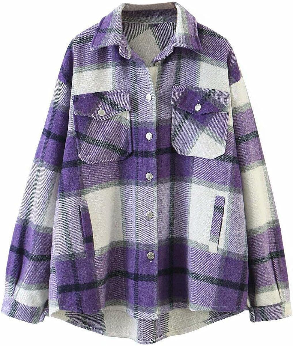 Womens Casual Flannel Wool Blend Plaid Lapel Button Down Long Sleeve Shacket Jacket Coat Winter Loose Shirts