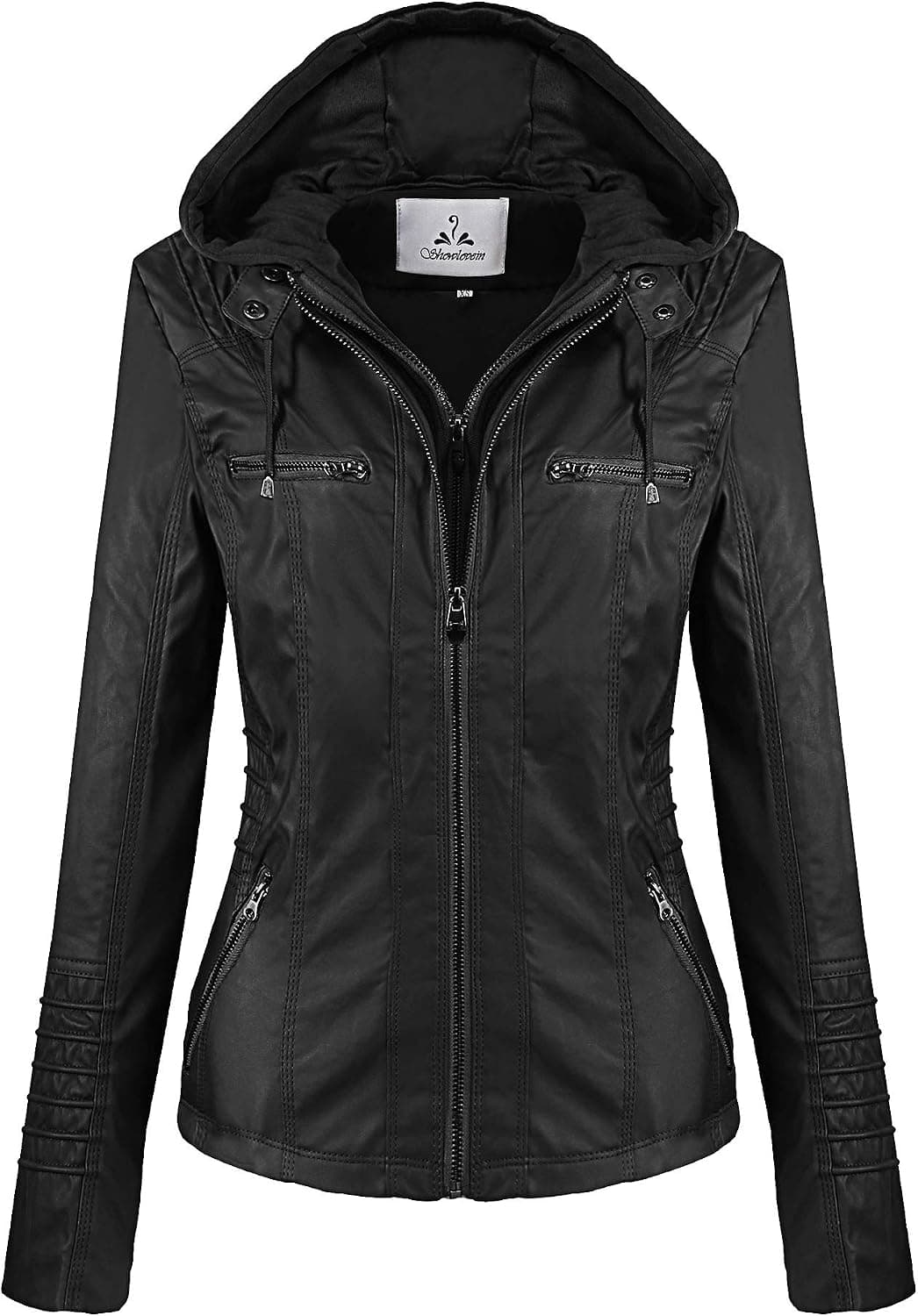 Showlovein Women Hooded Faux Leather Jacket Hat Detachable Motorcycle Jacket (XX-Large, Black)