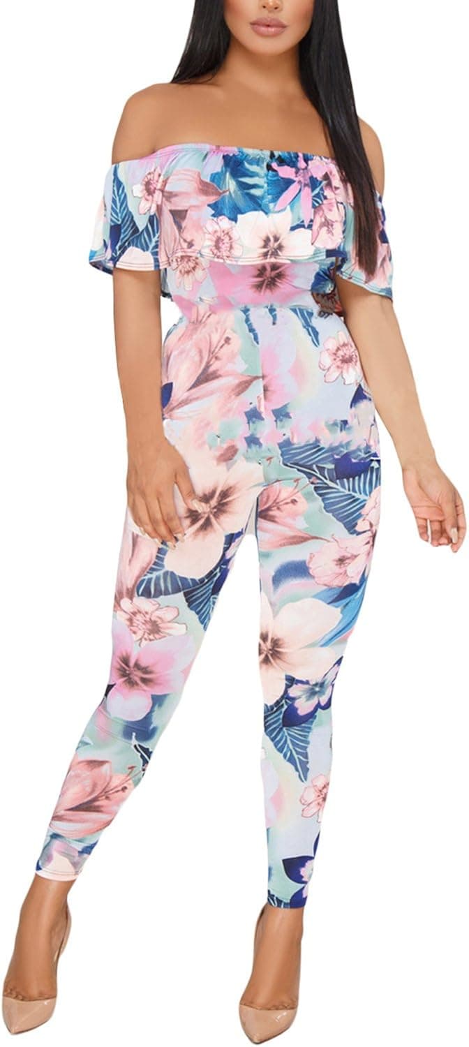ROSKIKI Womens Off The Shoulder Floral Printed Ruffle Short Sleeve Sexy Metal Belt High Waist Party Club Night Long Bodycon Jumpsuits Rompers Pink Medium US 8-10