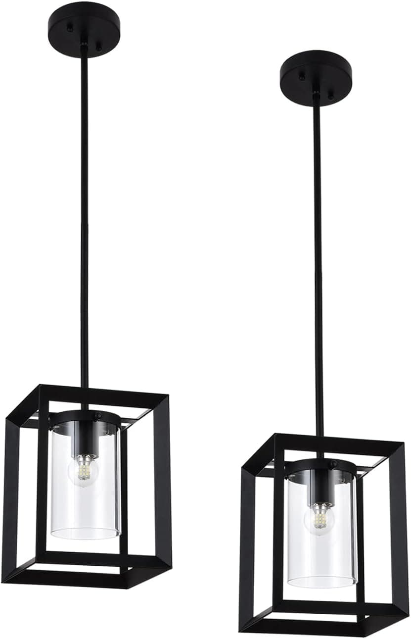COTULIN 2 Pack Modern Farmhouse Pendant Light,Black Metal Hanging Pendant Light Fixtures,Industrial Pendant Lighting with Cage and Glass Shade for Kitchen Island Over Sink Dining Living Room Bedroom
