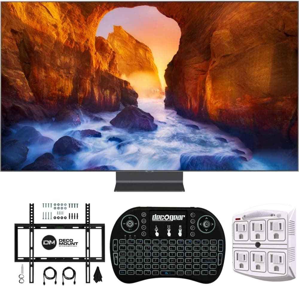 SAMSUNG QN65Q90RA 65" Q90 QLED Smart 4K UHD TV with CPS Enhanced Protection Pack (Renewed) Flat Wall Mount Bundle with Deco Gear 2.4GHz Wireless Keyboard Smart Remote and Surge Protector