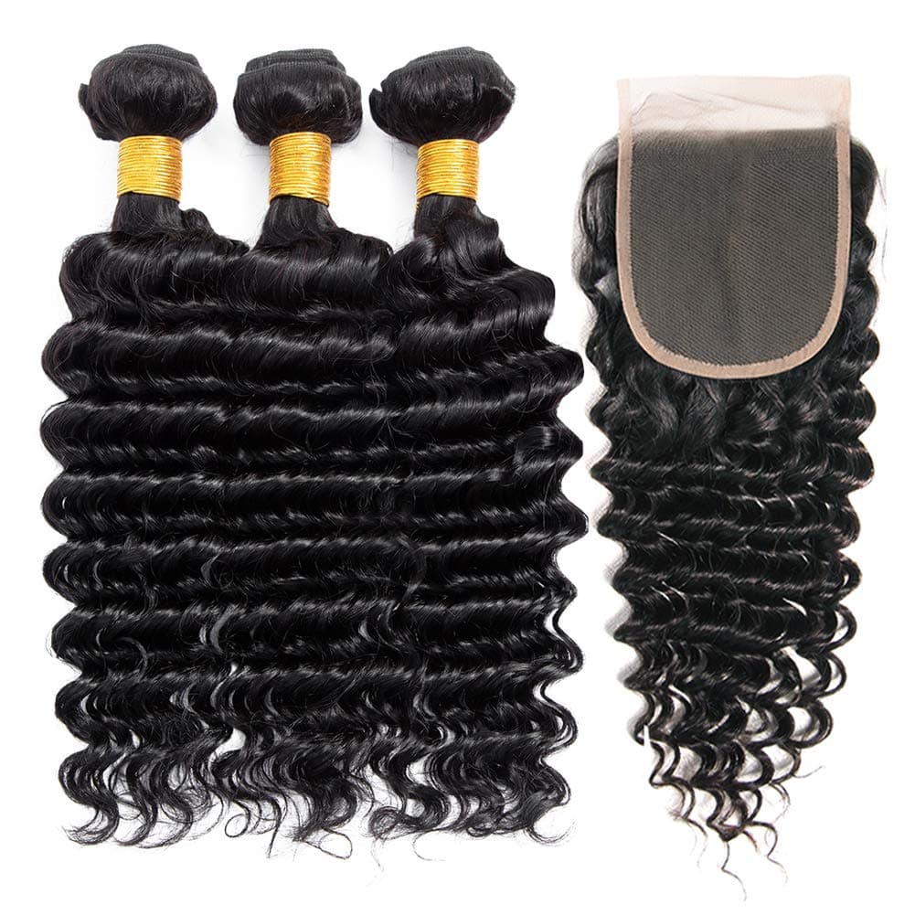 Deep Wave Bundles with Closure (16 18 20+14, Free Part) Brazilian Virgin Human Hair Deep Curly Weave Weft with 4x4 Lace Closure Natural Color