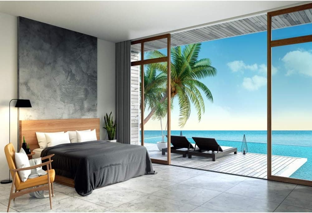 Qinunipoto 7x5ft Polyester Sea View Room Blue Sky Coconut Tree Backdrop Seascape Bedroom Big Bed Room French Window Floor Tile Photography Background Adult Portrait Shoot Summer Holiday Photo Props