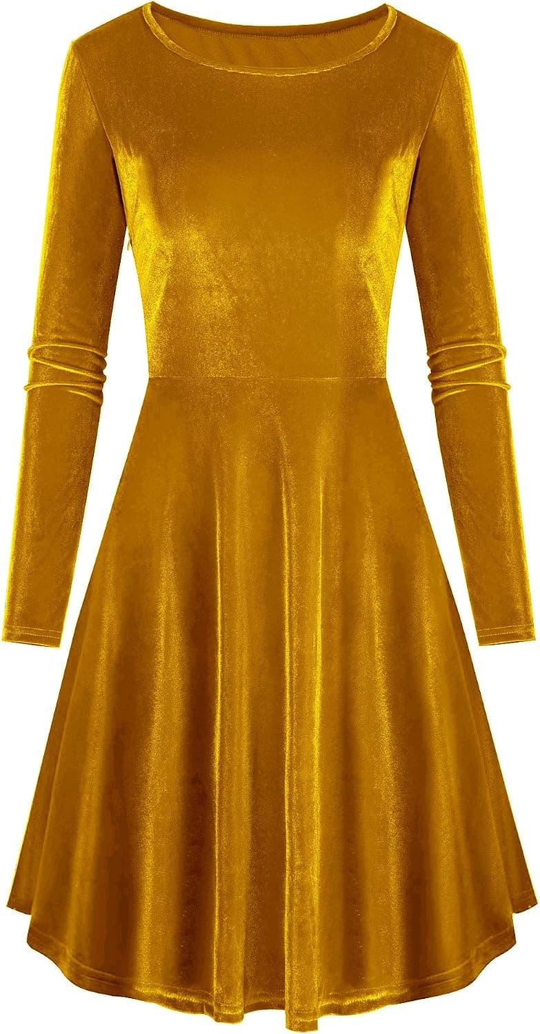 Long Sleeve Gold Velvet Dress A-Line Swing Flare Party Mini Dress Gold 2XL