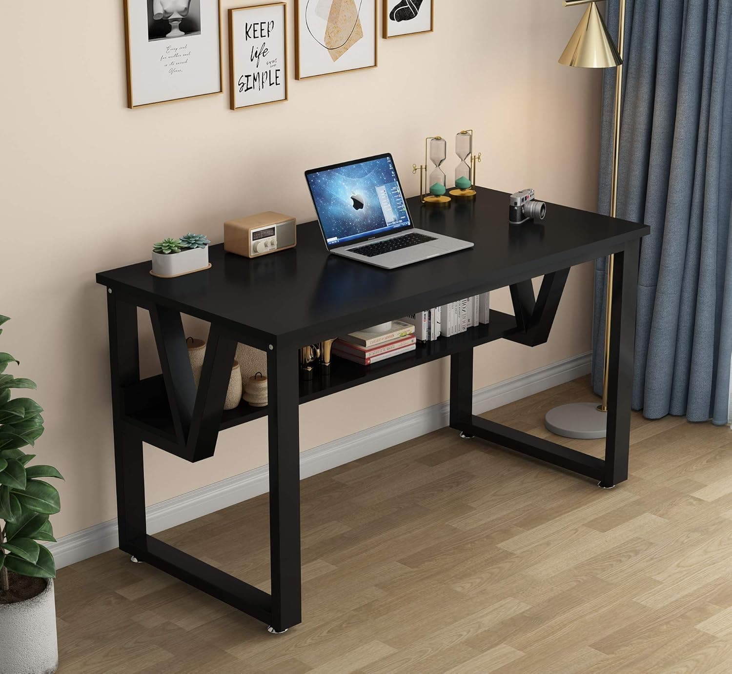 Computer Desks for Home Office Writing Table Bedroom Desks with Bookshelf Study Table Desk Stable Wood and Metal Frame, PC Notebook Laptop Table Study Desk for Small Space（Black 55Inch）
