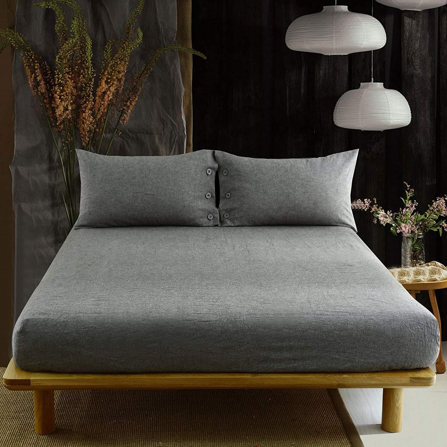 Kiss Tell Linen Fitted Sheet Full with 18" Deep Pocket(Without Pillowcases) Wrinkle and Breathable(Grey,Full)
