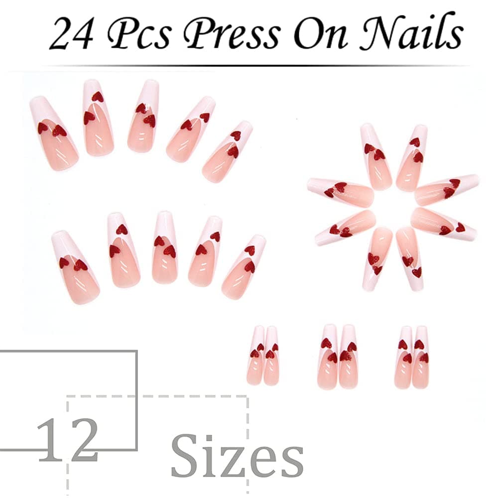 diduikalor Valentines Press on Nails Long Coffin White French Tip Fake Nails Red Heart with Desings Acrlic Glue on Nails Glossy Acrylic False Nails Full Cover Stick on Nails Artificial Static Nails for Women 24Pcs