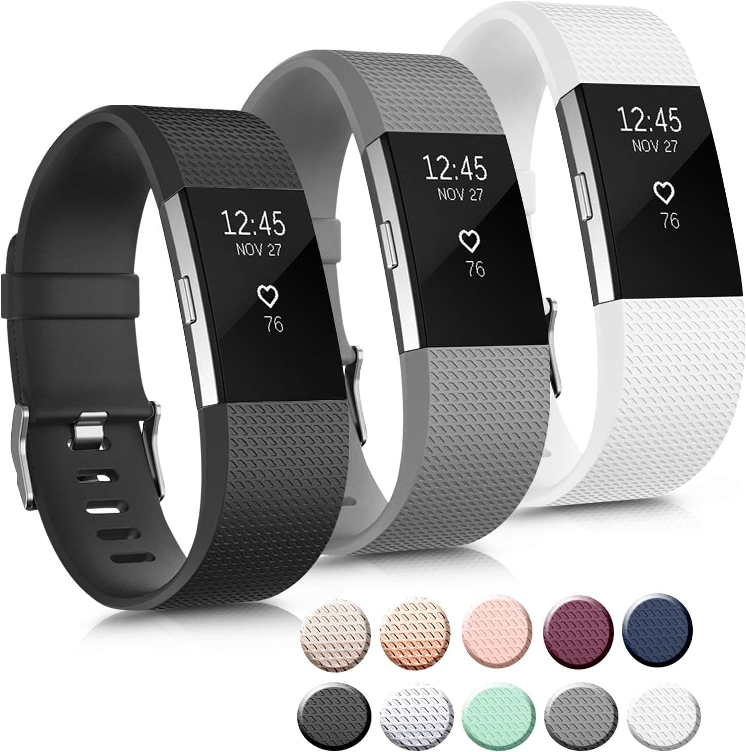 3 Pack Sport Bands Compatible with Fitbit Charge 2 Bands Women Men, Adjustable Replacement Strap Wristbands for Fitbit Charge 2 HR Small Large (Large, Black/Gray/White)