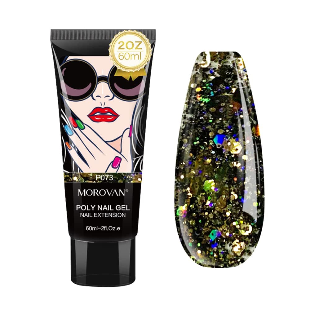 Morovan Poly Gel Nail - 60ml Black Glitter with Flash Gel Nail Builder Gel Nail Gel Trendy Nail Art Design Nail Extension Gel Salon Nail Easy DIY Salon Nail at Home for Nail Art Beginner & Professional