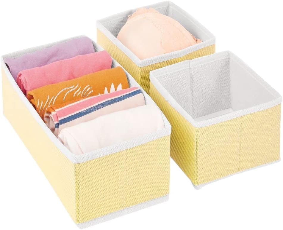 mDesign Fabric Dresser Drawer and Closet Storage Organizer Bin for Bedroom - Holds Lingerie, Bras, Socks, Leggings, Clothes, Purses, Scarves, Jane Collection, Set of 3, Light Yellow/White