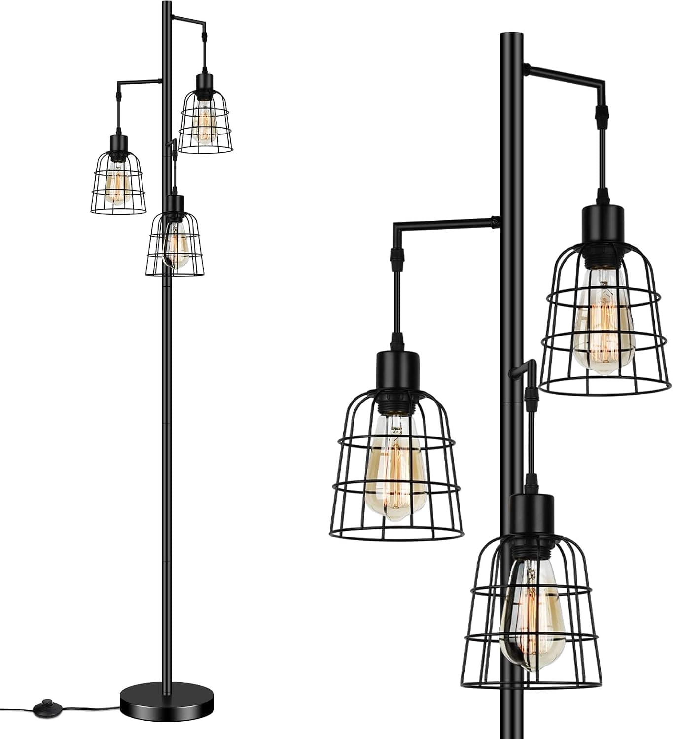 Industrial 3-Light Tree Floor Lamp with Cup-Shaped Cages Farmhouse Rustic Tall Standing Lamp for Living Room Vintage Elegant Black Pole Light with Edison E26 Base Metal Shade for Bedroom Office Hotel