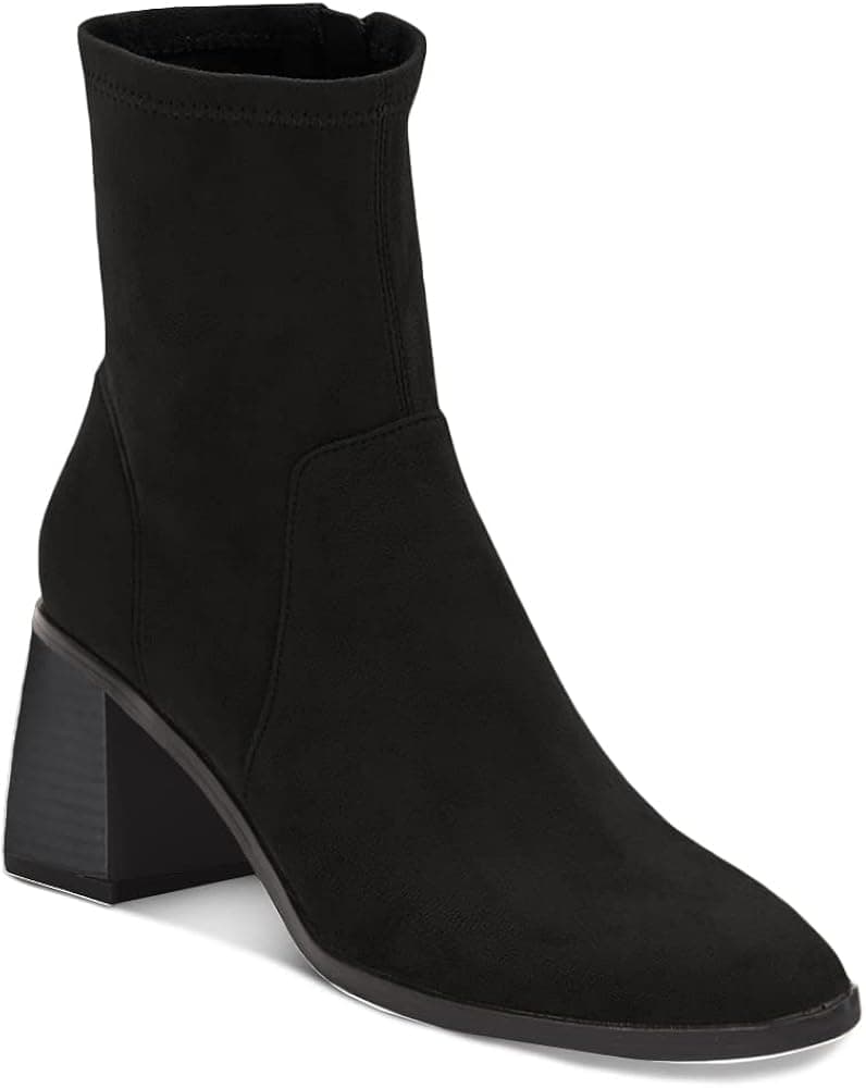Minshluu Womens Chunky Heel Ankle Booties Side Zipper Suede Leather Stretch Stacked Block Heeled Fashion Boots
