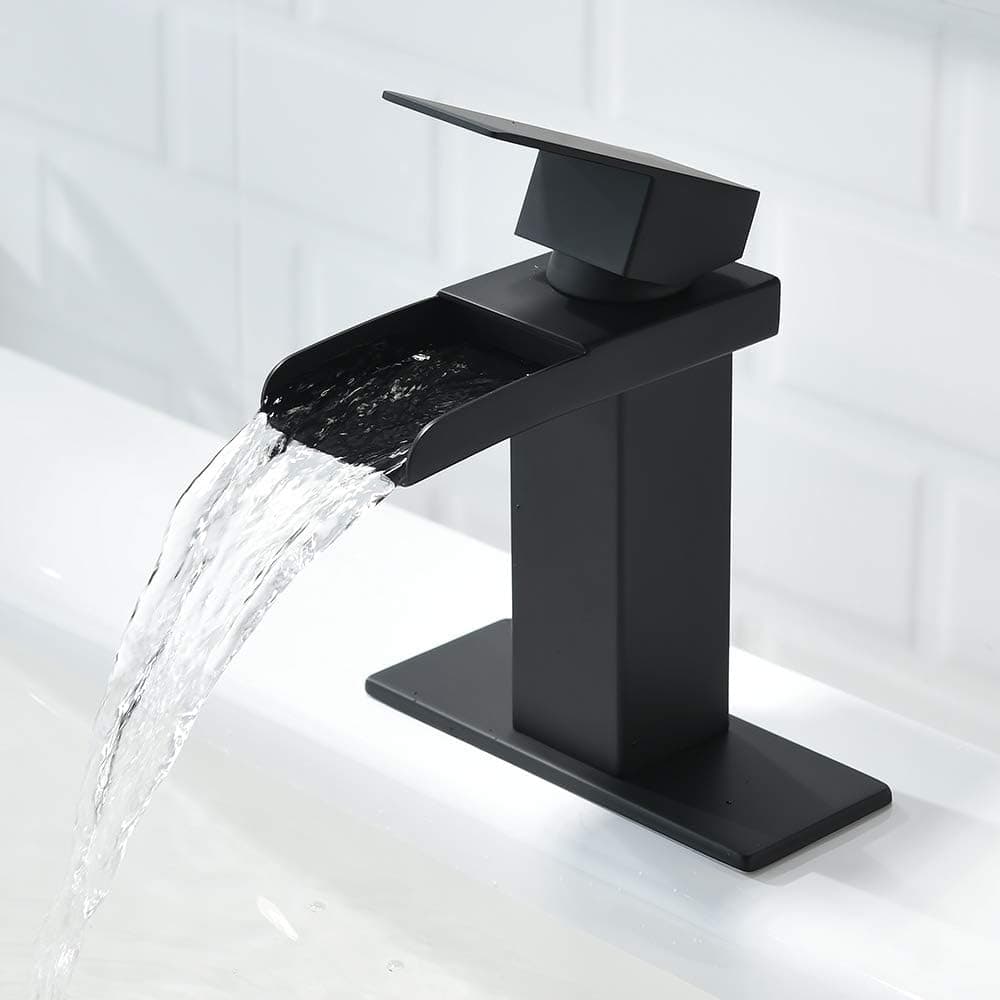 VOKIM Matte Black Waterfall Bathroom Faucet Single Handle One Hole Deck Mount Lavatory