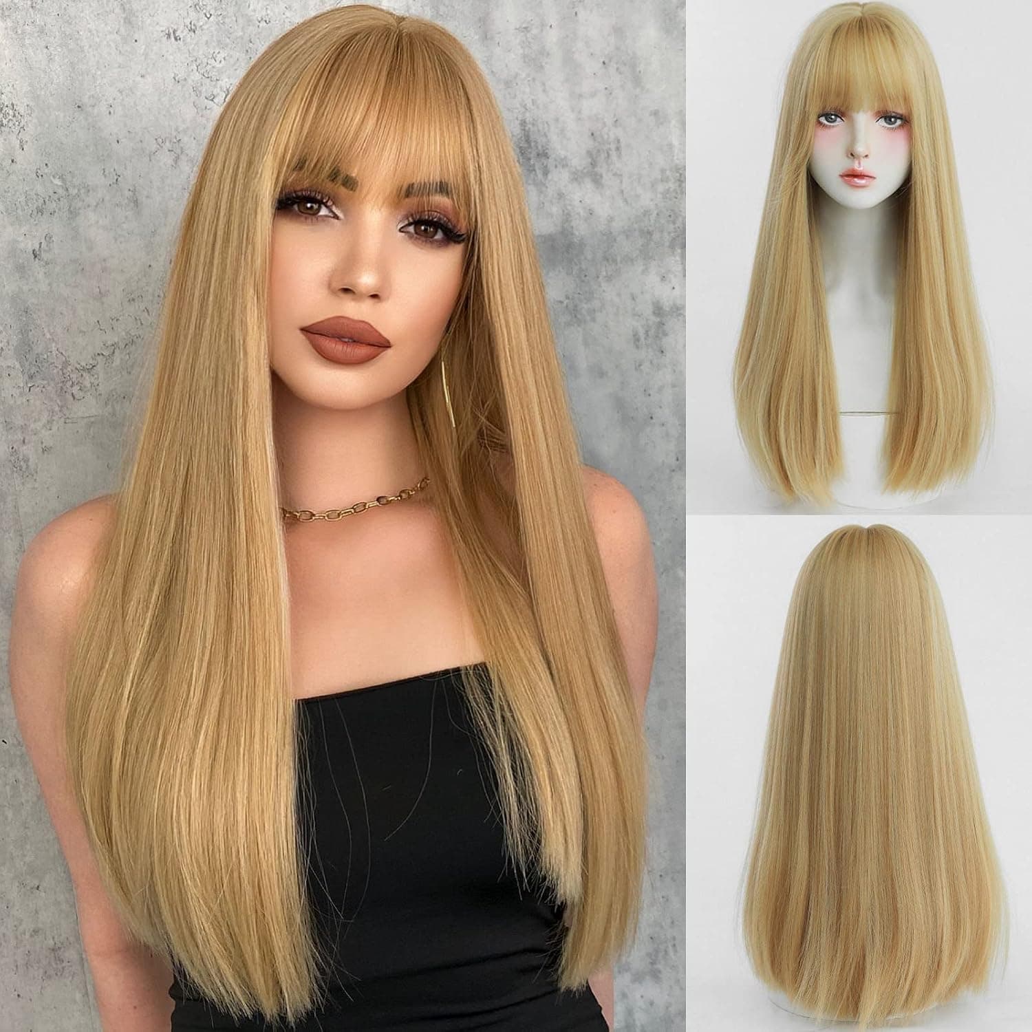 7JHH WIGS Blonde Wig With Bang For Women Long Straight Blonde Wig Synthetic Wig For Girl Emo Cosplay And Daily Use（23" Blonde