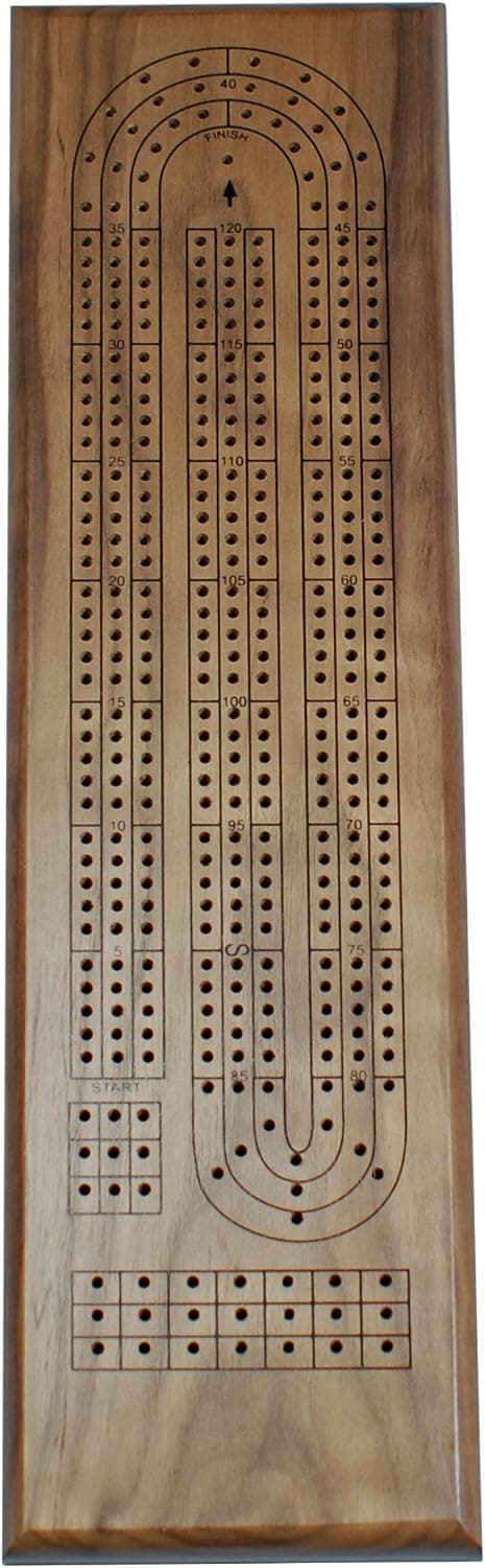 Classic Cribbage Set - Solid Walnut Wood Continuous 3 Track Board with Metal Pegs