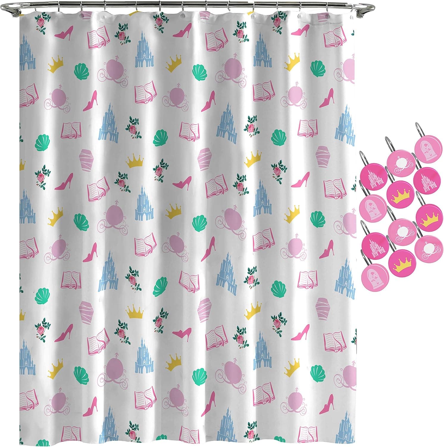 Disney Princess Sassy White Shower Curtain & 12-Piece Hook Set & Easy Use - Kids Bath Set (Official Disney Princess Product)