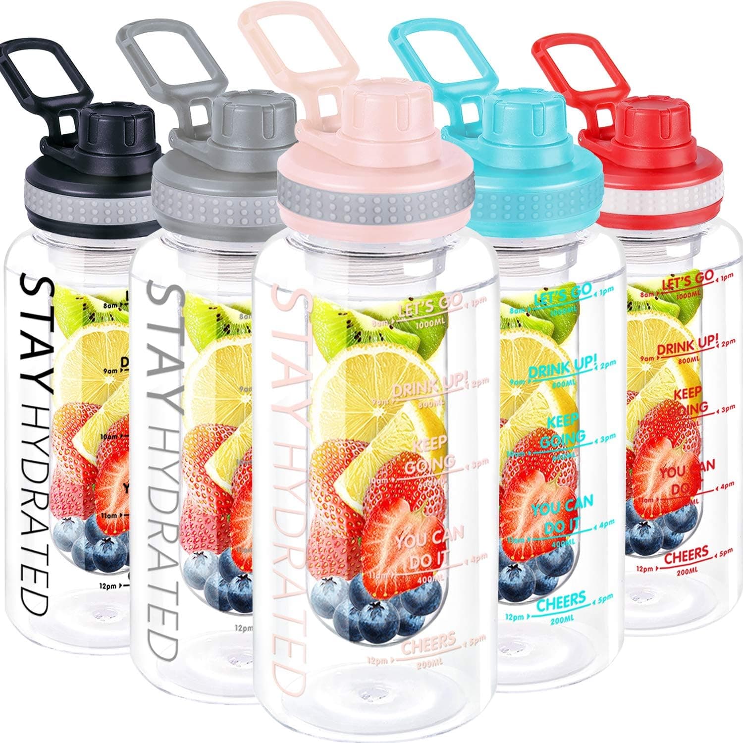 32oz Fruit Infuser Water Bottle, Large Motivational Water Bottle with Time Marker, Leak Proof Fruit Infused Water Bottles with Infusion Rod, Tritan BPA Free Water Bottle Jug for Home Sports Outdoors