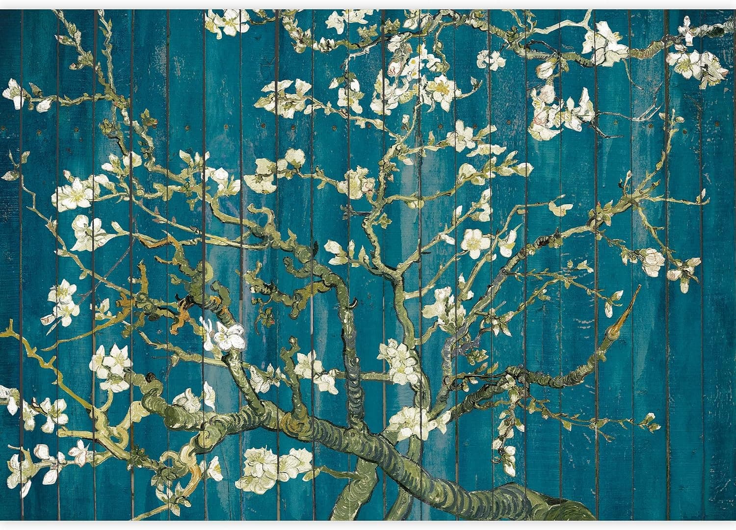 wall26 -"Almond Blossom by Vincent Van Gogh - Floral Painting on a Vibrant Teal Wood Paneled Background - Wall Mural, Removable Sticker, Home Decor - 100x144 inches
