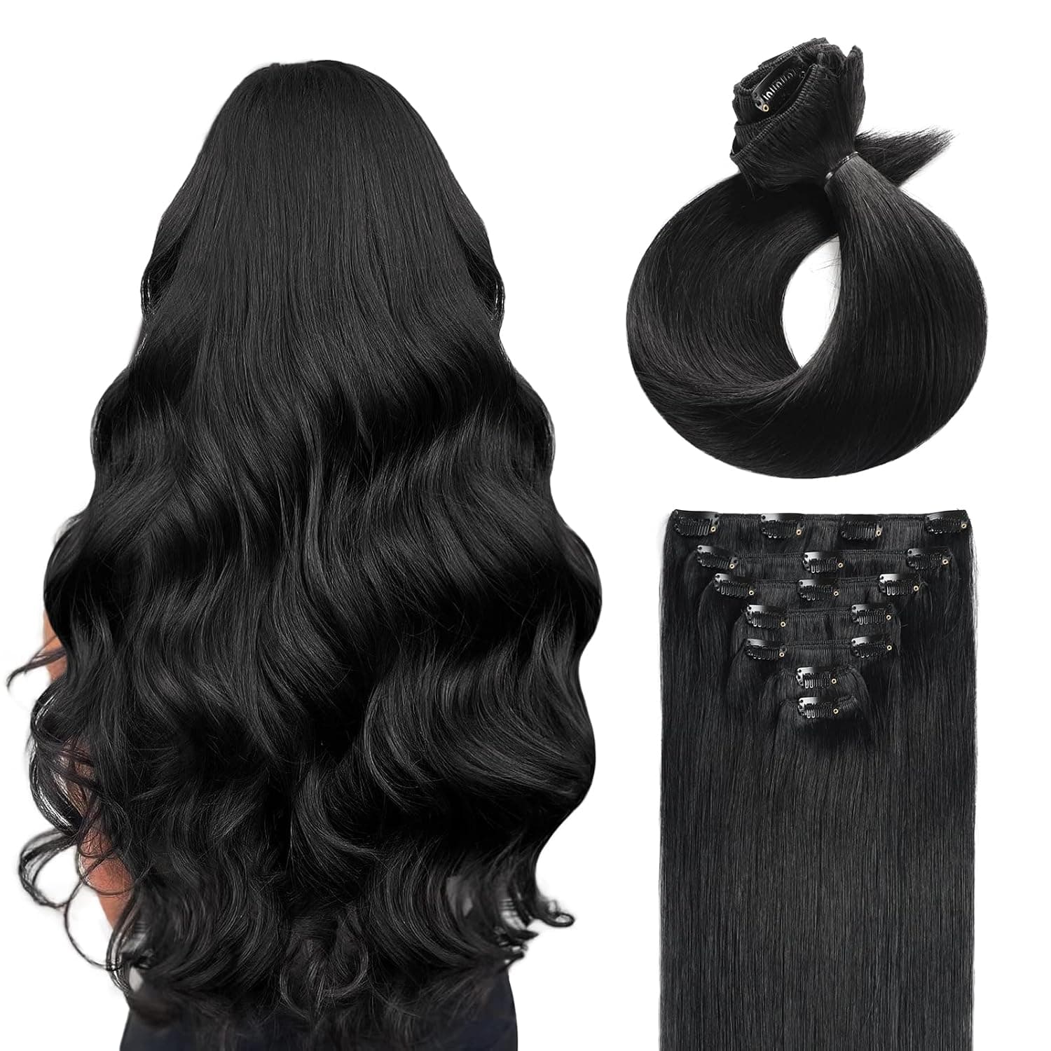 Clip in Hair Extensions Real Human Hair Jet Black Hair Extensions Hair Extensions Clip Ins 105g Double Weft Natural Human Hair Hair Extensions Real Human Hair Clip in Hair Extensions for Women (15 inch,7pcs, 105g)