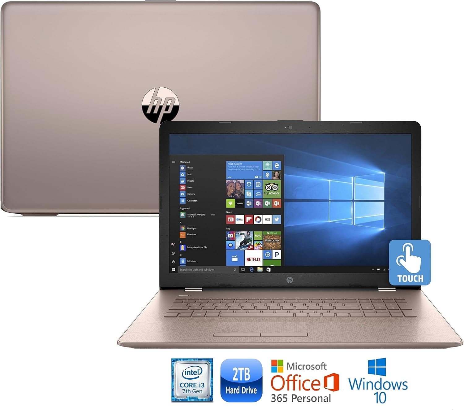 HP 15-bs013cy Laptop, Core i3-7100, 8GB, 2TB HDD, 15.6” HD WLED Touch Screen (1366x768), Backlit Keyboard, Microsoft Office 365 1-Yr. (Rose Gold) (Certified Refurbished)