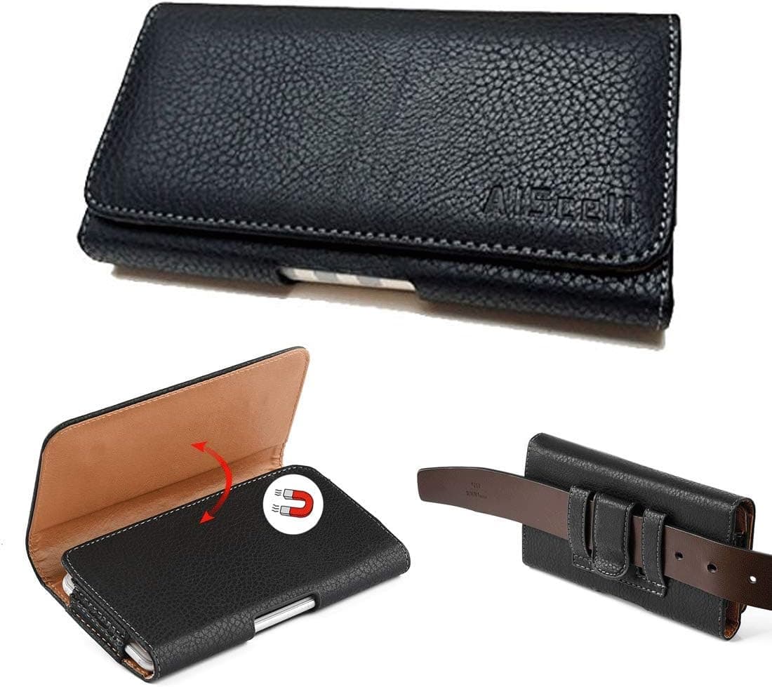 All_instore Sideways Hip Pouch Black Faux Leather Pouch Magnetic Flap Belt Loop Pouch Holster Case Work with Galaxy S10e, J3, J3V, J2 Core, J2, J2 Pure