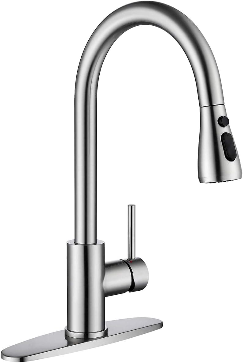 Kitchen Faucet with Pull Down Sprayer Single Handle, JXMMP Brushed Nickel Stainless Steel Pull Out Kitchen Sink Faucets, High Arc Single Hole Kitchen Faucet with Deck Plate